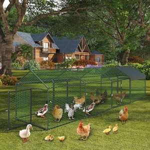 Large Metal Chicken Coop, Walk-in Chicken Runs with Waterproof and Anti-UV Cover, Spire Roof Hen House for Outdoor and Backyard, Farm - 1 of 4