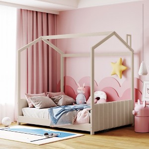 YOOCOZZ Kids' Velvet Upholstered House Bed with Roof and Striped Headboard - Beige - 1 of 4