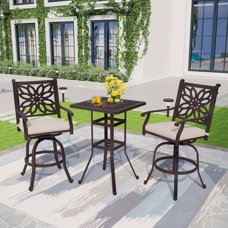 3pc Outdoor Square Cast Aluminum Bar Table &#38; Swivel Chairs - Captiva Designs, 1 of 13