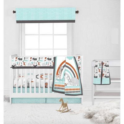 Bacati - Jungle Safari Aqua Orange Gray 6 pc Crib Bedding Set with Long Rail Guard Cover