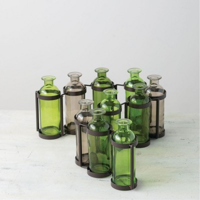 Sullivans Ten Glass Bottle Vases 6.5"H Green