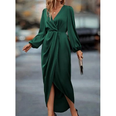 Women Satin Dress Elegant Wrap Long Sleeve V Neck Maxi Dress