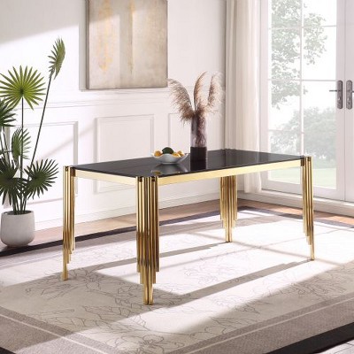 CENGHU 65" Rectangle Glass Dining Table, Tempered Glass Tabletop and Polished Gold Legs, Modern Style Kitchen Table for Home, Kitchen, Dining Room