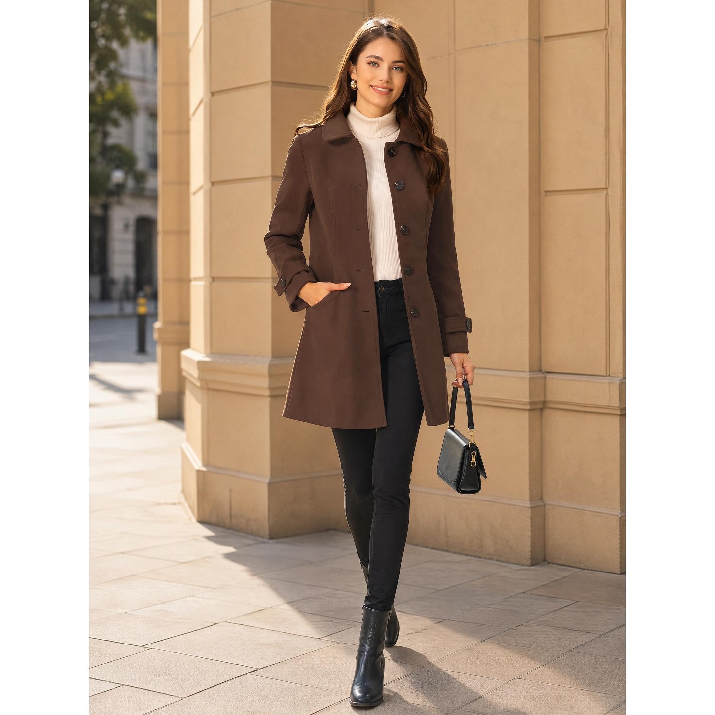Женская куртка Allegra K Winter Outerwear Peter Pan Collar Mid-thigh A-line Single Breasted Coat Coffee — фото 3