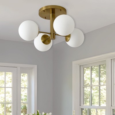 PAKOKULA 21.7 in.4-Light Gold Industrial Semi-Flush Mount Ceiling Light with Opal Glass Shades, Modern Dimmable Fixture for Kitchen Island