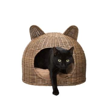 Cat Ear Coastal Handwoven Rattan Cat Bed with Machine-Washable Cushion