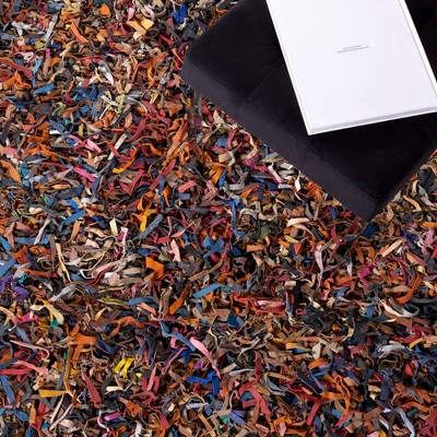 Multi-Color Hand-Knotted Leather Shag Rug, 3' x 5'
