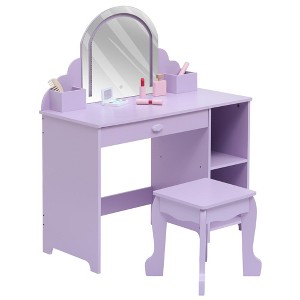 Kids Vanity Desk  Princess Makeup Vanity Table w/LED Mirror & Stool - Toddler Wood Dressing Table Adjustable Lights, Storage (White/Pink/Purple) - 1 of 2