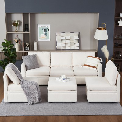 GustoWave Modular Sectional Sleeper Sofa with Storage Seats Reversible Sofa with Chenille Fabric 9 Seater Sectional Sofa, Beige