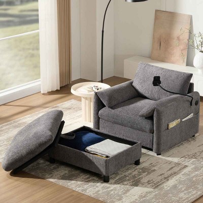 Single Chaise Lounge Sofa with Storage Ottoman, Sofa with Charging Port and Side Pockets, Chenille Fabric Sofa with Cushion-Coolbibila