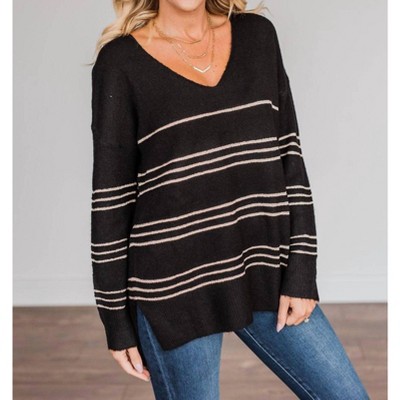 Women's Lurex Striped Cozy V-neck Sweater - ALLIE ROSE
