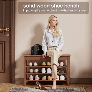 ACEPANO 31.7 in. W Solid Wood Entryway Storage Bench with Shoe Rack-Walnut - 1 of 3