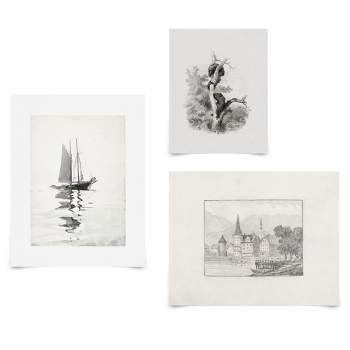 Americanflat 3 Piece Vintage Gallery Wall Art Set - Calm Sailing, Lucerne Sketch, Bears by Maple + Oak