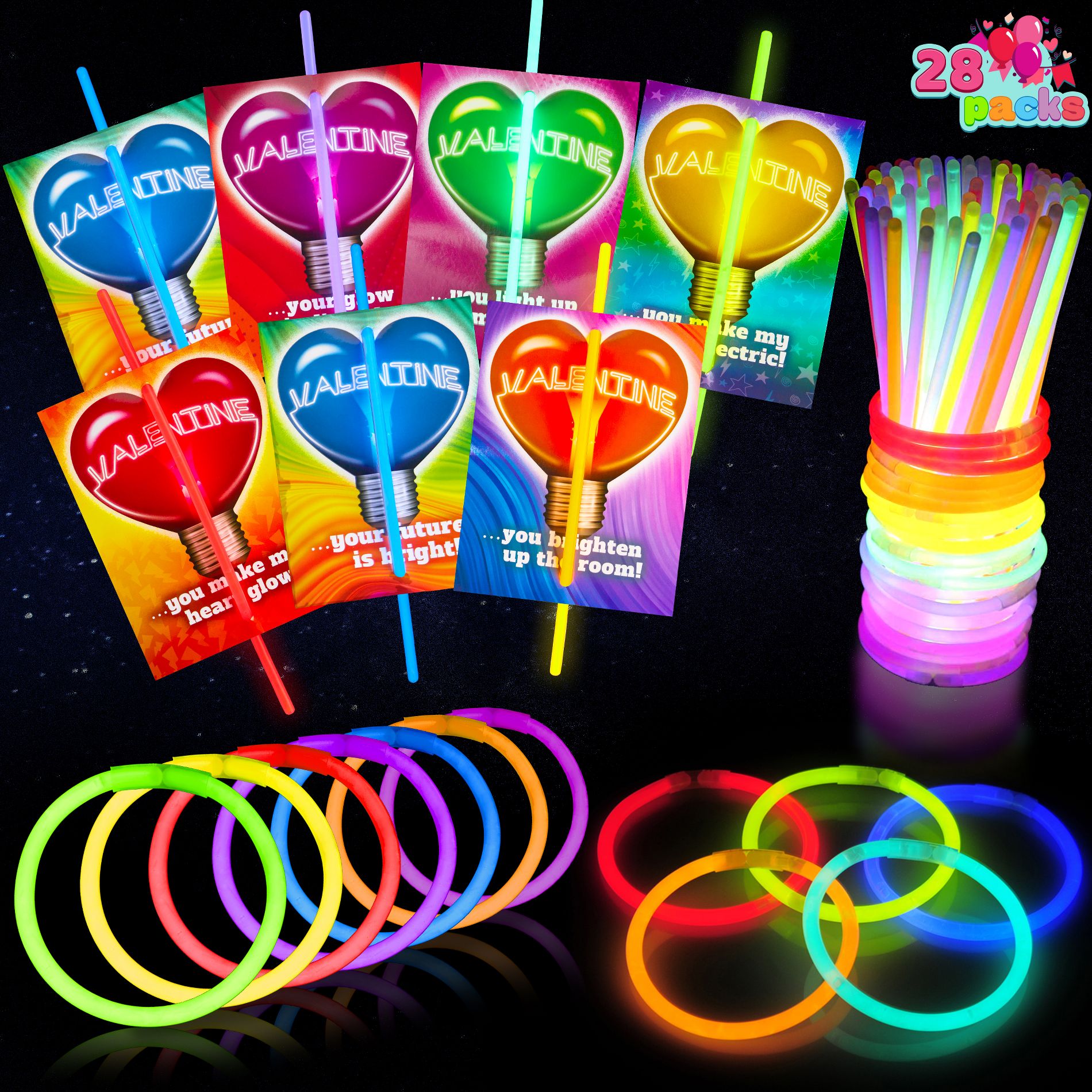 Joyfy 36 Packs Neon Valentines Day Gift Cards with Glow Stick Bracelets, Glow in the dark Necklaces for Valentine's Party Favor