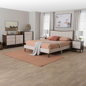 Baxton Studio Nikolai Mid-Century Channel Tufted Beige Fabric and Wenge Brown Wood 5-Piece Queen Bedroom Set - 1 of 4