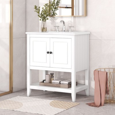 Okak Modern 30" Bathroom Vanity with Elegant Ceramic Sink, Solid Wood Frame Bathroom Storage Cabinet with Door Shelf & Open Shelf