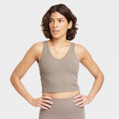 Women's Flex Light Support Rib V-Neck Crop Sports Bra - All In Motion™  Taupe XL