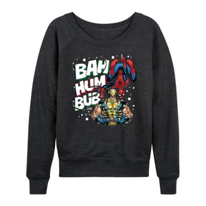 Women's - Marvel - Bah Hum Bub Wolverine And Deadpool Lightweight French Terry Wide Neck Long Sleeve Graphic Shirt - 1 of 4
