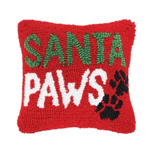 C&F Home 8" x 8" "Santa Paws" Christmas Sentiment with Paw Prints on Red Background Small Petite Accent  Hooked Throw Pillow - 1 of 4