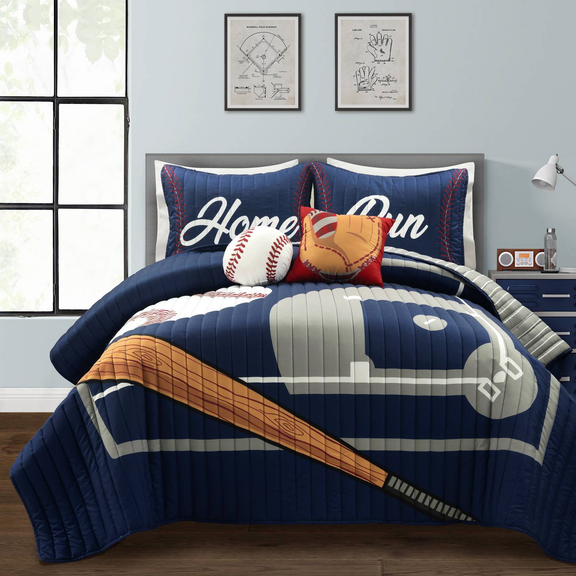 5pc Baseball Game Reversible Oversized Kids' Quilt Set Navy/Gray - Lush Décor