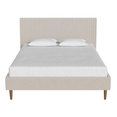 Ivory Velvet Full Upholstered Bed with Tufted Headboard and Slats