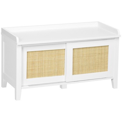 White Pine Wood Shoe Storage Bench with Rattan Sliding Doors