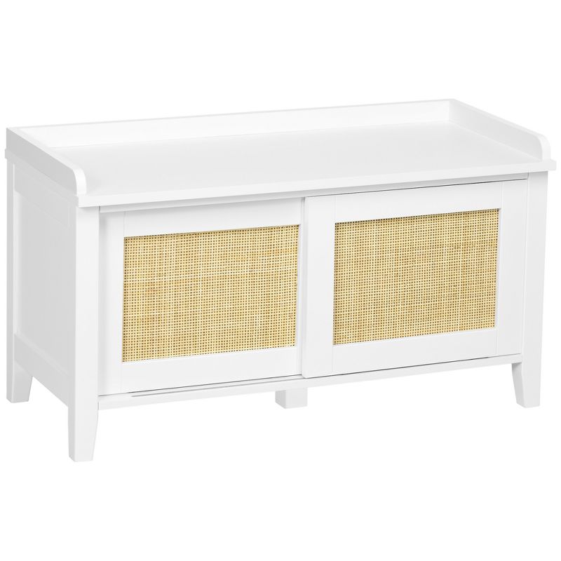 HOMCOM Small Shoe Bench with Storage, Boho Entryway Bench with Shoe Cabinets, 2 Rattan Sliding Doors and Pine Wood Legs for Hallway, White, 4 of 7