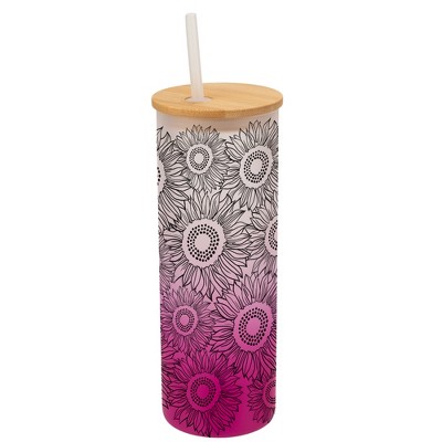 Elanze Designs Sunflower Summer Flower Garden Wrap-Around Design 25 Ounce Frosted Gradient Glass On-The-Go Coffee Travel Skinny Tumbler Mug Cup,