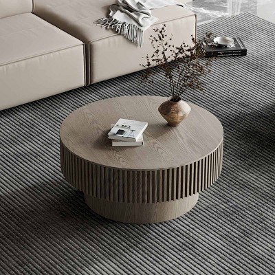 31'' Round Solid Wood Coffee Table,Coffee Table With Storage And Solid Wood Veneered,Accent Tea Table For Living Room,Bedroom-Coolbibila