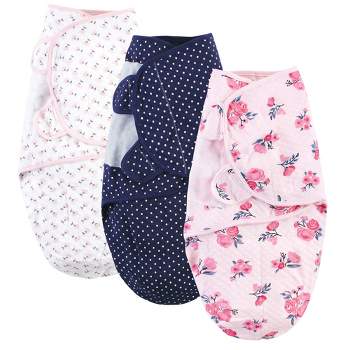 Hudson Baby Infant Girl Quilted Cotton Swaddle Wrap 3pk, Pink Navy Floral, 0-3 Months