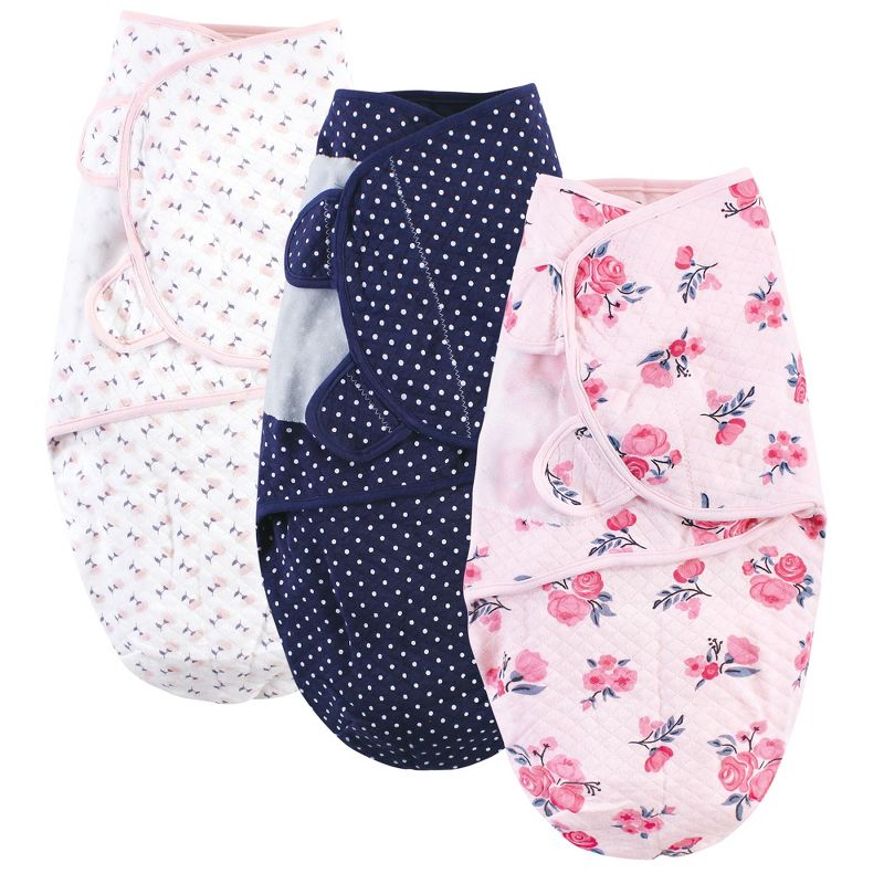 Hudson Baby Infant Girl Quilted Cotton Swaddle Wrap 3pk, Pink Navy Floral, 0-3 Months, 1 of 7