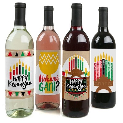 Big Dot of Happiness Happy Kwanzaa - Heritage Holiday Party Decorations for Women and Men - Wine Bottle Label Stickers - Set of 4