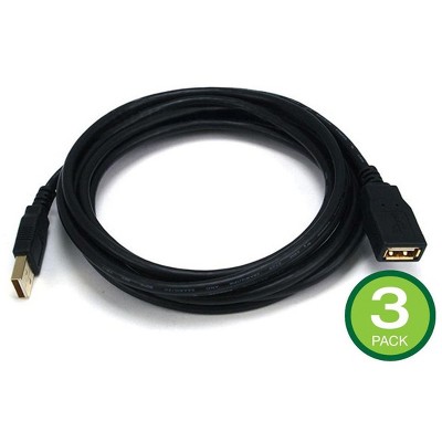 Monoprice USB Type-A to USB Type-A Female 2.0 Extension Cable - 10 Feet - Black (3 Pack) 28/24AWG, Gold Plated Connectors