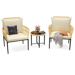 3-Piece Outdoor Patio Bistro Set with Cushions, Resistant PE Wicker, Glass Top Coffee Table, Ideal for Garden, Balcony, Porch, Beige - 1 of 4