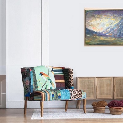 Royal Hampton 45 Inch Settee Loveseat Bench, Handcrafted Wingback Design, Bird Collage Print Velvet Fabric