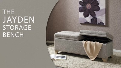 Beige Upholstered Storage Bench with Natural Wood Legs