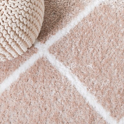 Beige and White Geometric Shag Runner Rug 2' x 9'