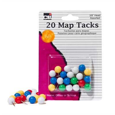 Charles Leonard Map Tacks, 3/8" Head, Assorted Colors, Pack of 20 (Case of 15)