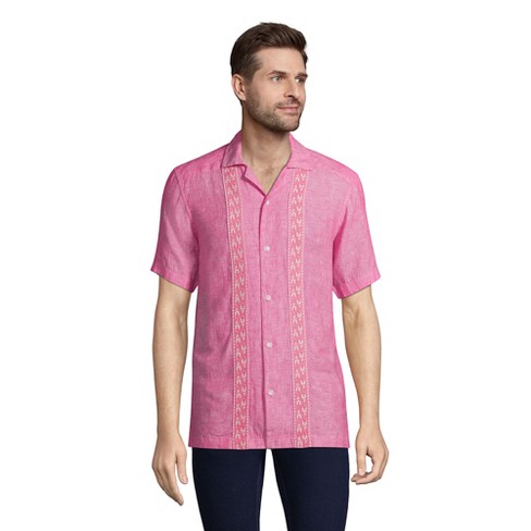 Lands\' End Men\'s Linen Target - - Shirt : Camp Small Pink Hot Short Sleeve Collar