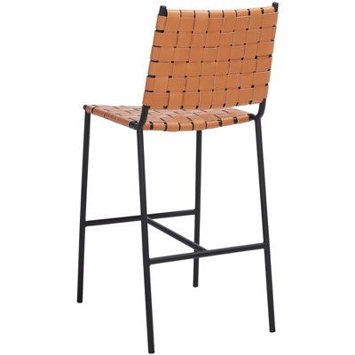 Cognac Leather and Black Metal Saddle Counter Stool