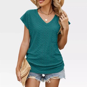Womens Summer Tops Cap Sleeve Eyelet Embroidery Casual Tops Side Ruched V Neck Blouse Boho Tops Cover Up Tops for Bathing Suits - 1 of 4