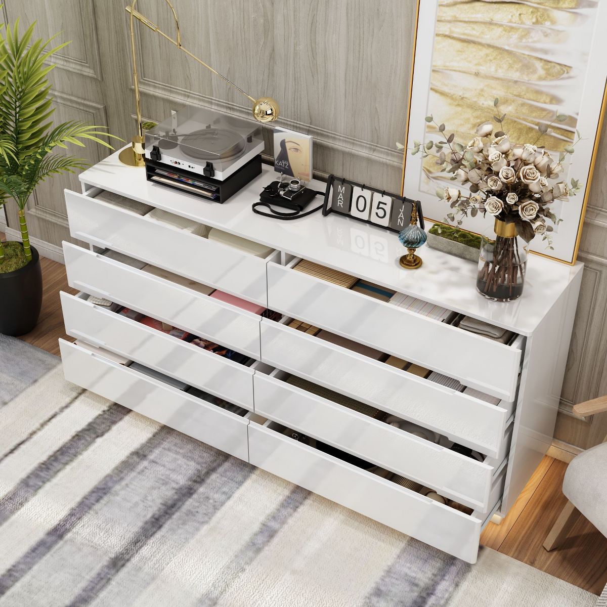 Open top of dresser showing storage with items