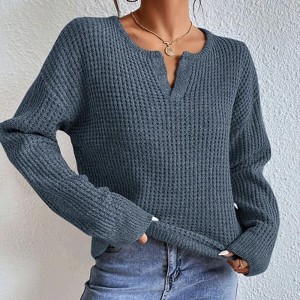 Coolmee Long Sleeve Sweater for Women Fall V Neck Waffle Basic Tee Dressy Casual Knit Tunic Tops - 1 of 4
