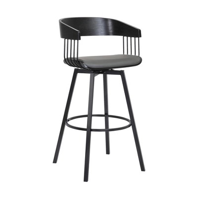 HomeRoots 31" Gray and Black Faux Leather with Metal Swivel Bar Height Bar Chair