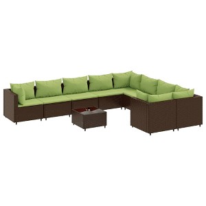 vidaXL Patio Sofa Set with Cushions Lounge Setting Outdoor Furniture Poly Rattan - Brown and Green 4x Corner 5x Middle Table - 1 of 4
