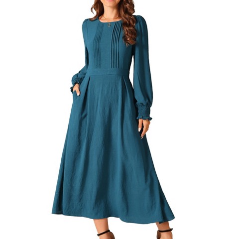 Женские платья INSPIRE CHIC Women's Elegant Frilled Crewneck Midi Long Sleeve Pleated A-Line Flowy Dress with Pockets Coffee Large