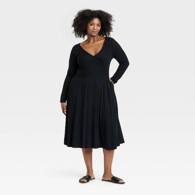 Women's Long Sleeve Rib-Knit Midi Wrap Dress - Ava & Viv™ Black XXL