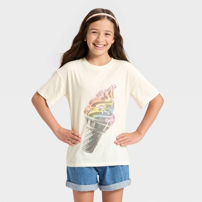 Girls' Short Sleeve Oversized Rainbow Ice Cream Graphic T-Shirt - Cat & Jack™ Cream