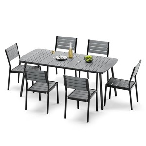 Crestlive Products 7pc Outdoor Dining set for 6 People Patio Rectangle Table Aluminum Frame with Wood-Like Tabletop and Umbrella Hole - 1 of 4