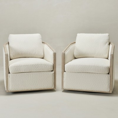 KINWELL 31"W Oak Frame Upholstered Swivel Barrel Armchair, Set of 2